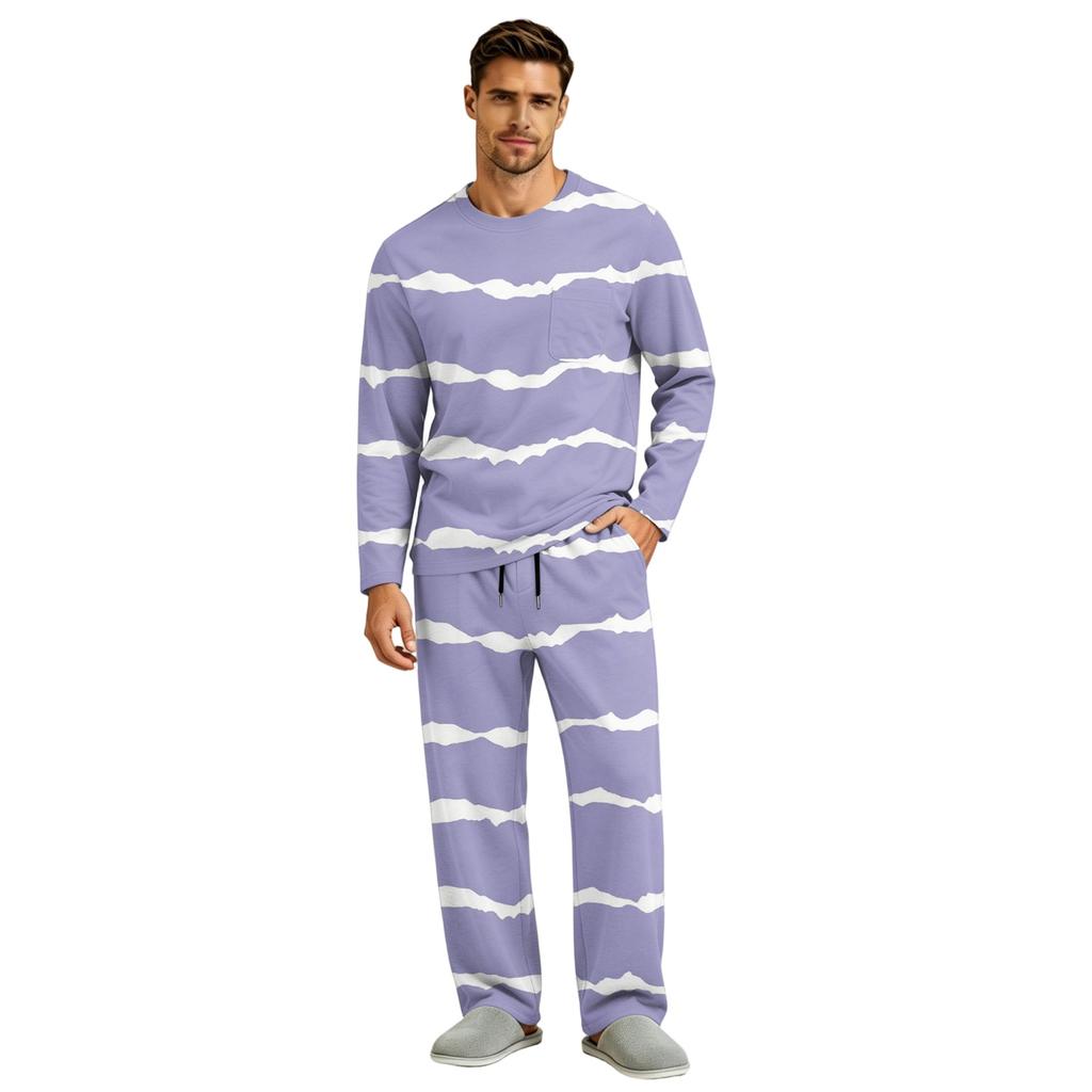 Men's Pajama Set Long Sleeve Top and Long Pants with Button Crotch and Elastic Drawstring Waist for Home Loungewear