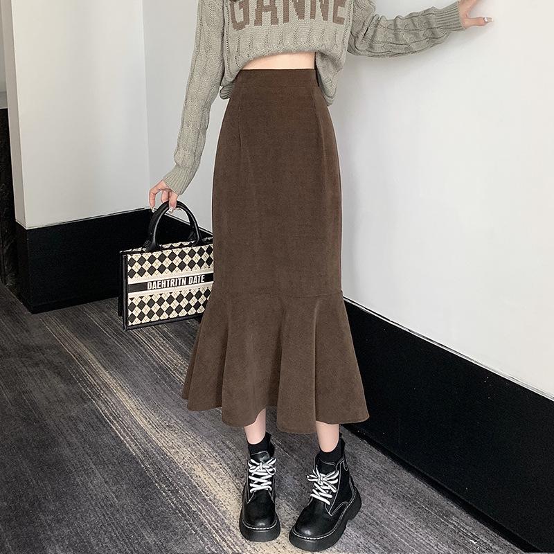 Black High-Waist Fishtail Skirt for Women - Autumn/Winter 2025 Mid-Length A-Line Skirt Large