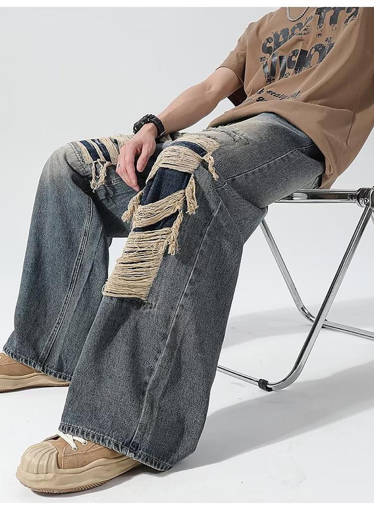 MMTYRM Men's Wide-Leg Denim Pants, Loose Fit, Stretch Goose-Eye Denim Pants, Stylish Jeans with Distressed Finish, Available in Plus Sizes, Blue, XL