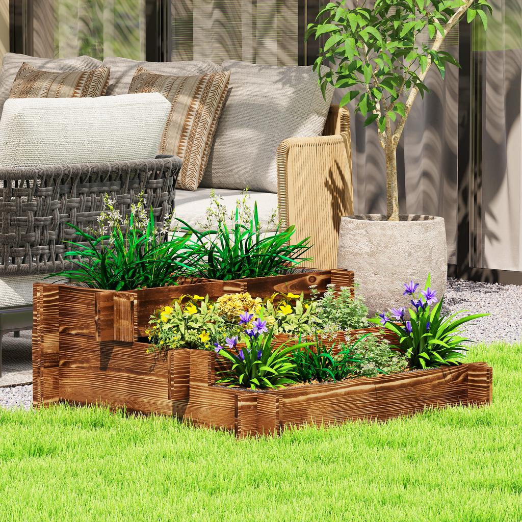 3-Level Garden Bed with Ladder Design and Non-Woven Fabric for Crops Flowers 93x93x35 Cm Charred
