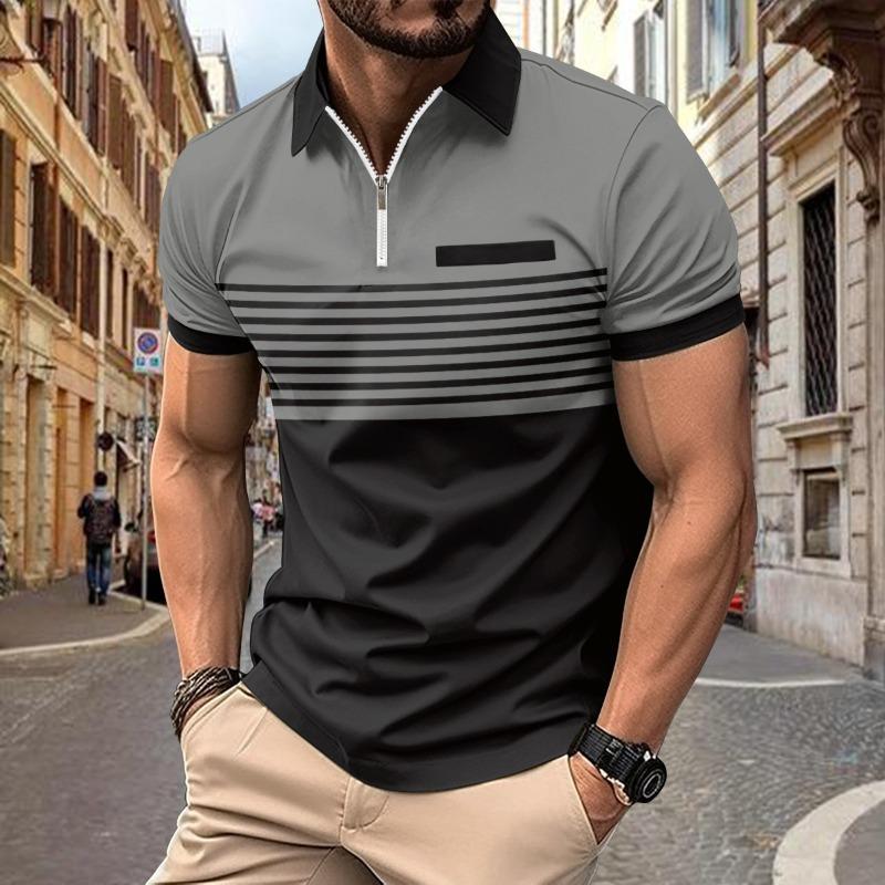 Summer Polo Shirt Zipper Men's Printed Striped Polo Shirt