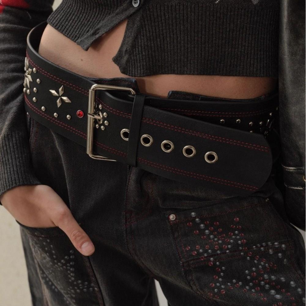 Y2k Leather Waist Belt Gothic Dress Jeans Belt Fashionable Women's Rivet Belt  Streetwear