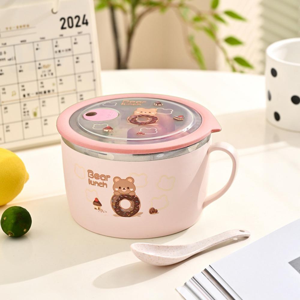 Stainless Steel Instant Noodle Bowl Bear Pattern Anti-scald Lunch Box Double Insulated with Lid Rice Bowl Kitchen Supplies