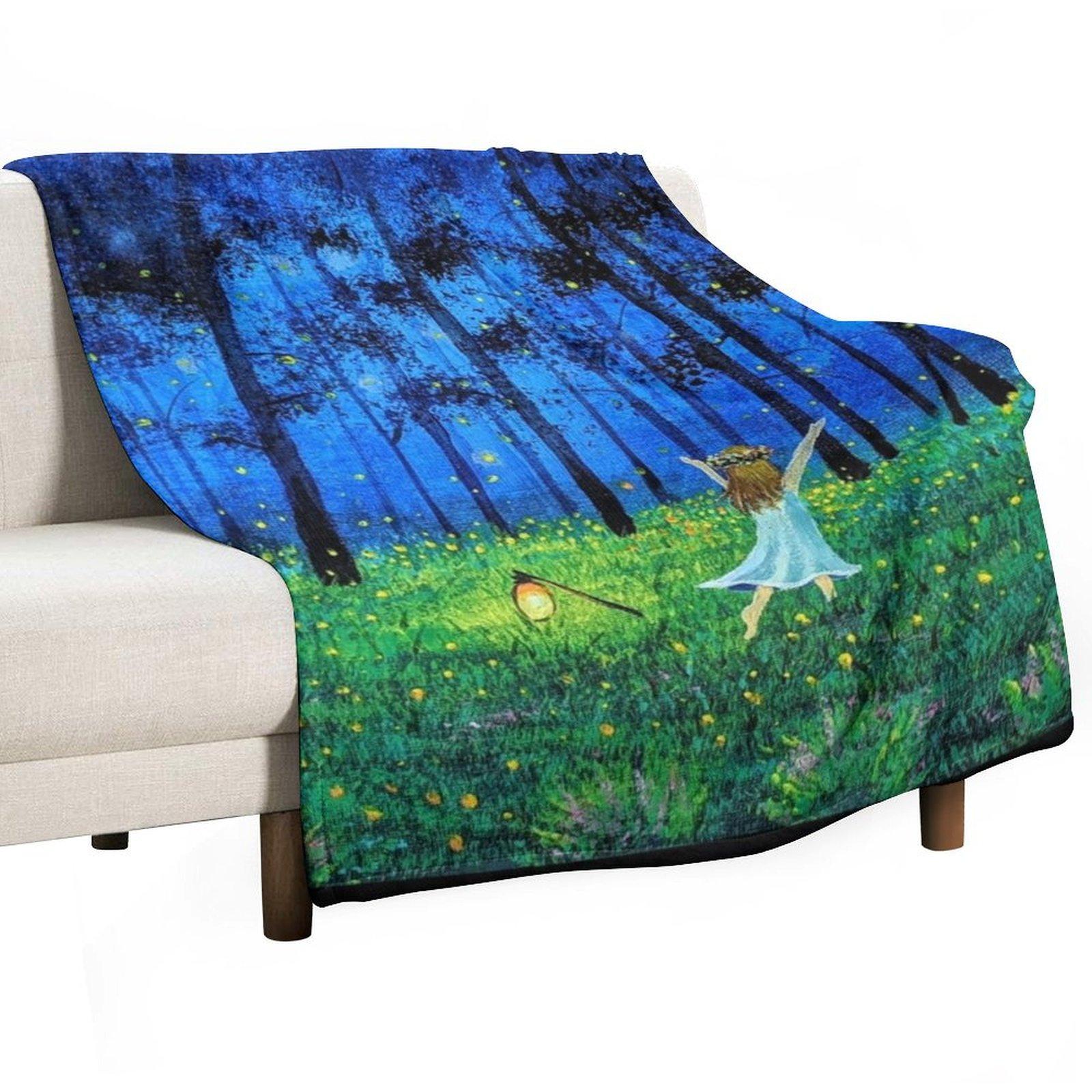 

Fireflies in forest and a little girl Throw Blanket Single Plaid on the sofa Winter beds Soft Plaid Blankets 30x40in