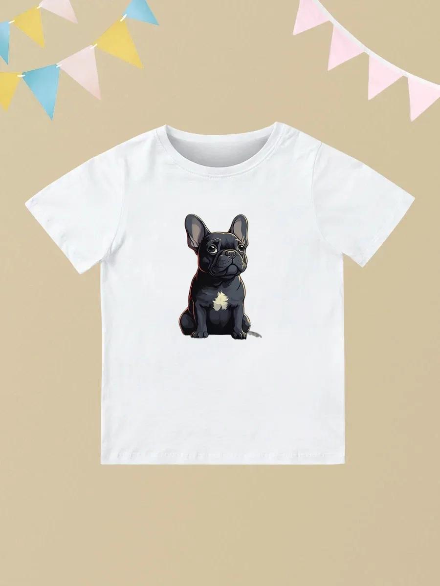 Round Neck Printed Pattern Pullover Short Sleeve Kids Tops French Bulldog 170