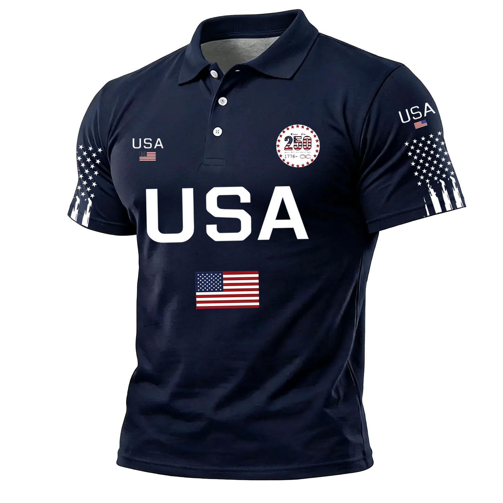Herren Kurzarm-Polohemd mit USA-Buchstabendruck und Flaggen-Grafik Klassische Passform Oberteil mit Kragen für Freizeit oder Sportbekleidung XXXL dunkelblau