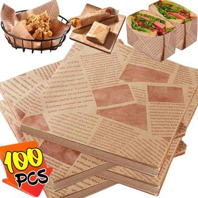 100Pcs Old Newspaper Style Fried Food Paper Food Wrapping Sandwich Packaging Paper  Fryer Use