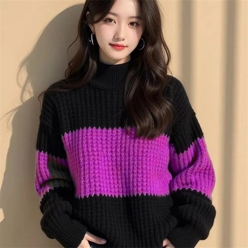 Color Blocking Dickes Garn Lockerer Pullover Damen Winter Einzigartig Gestrickt Faul Basis Oberteil
