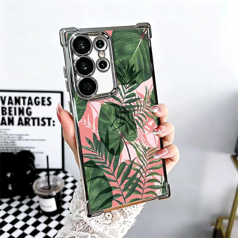 Summer Plants Green Leaf Plating Phone Case For Samsung Galaxy S24 S25 FE S26 Edge S23 Ultra S22 S21 Plus S20 Anti-Fall Airabag