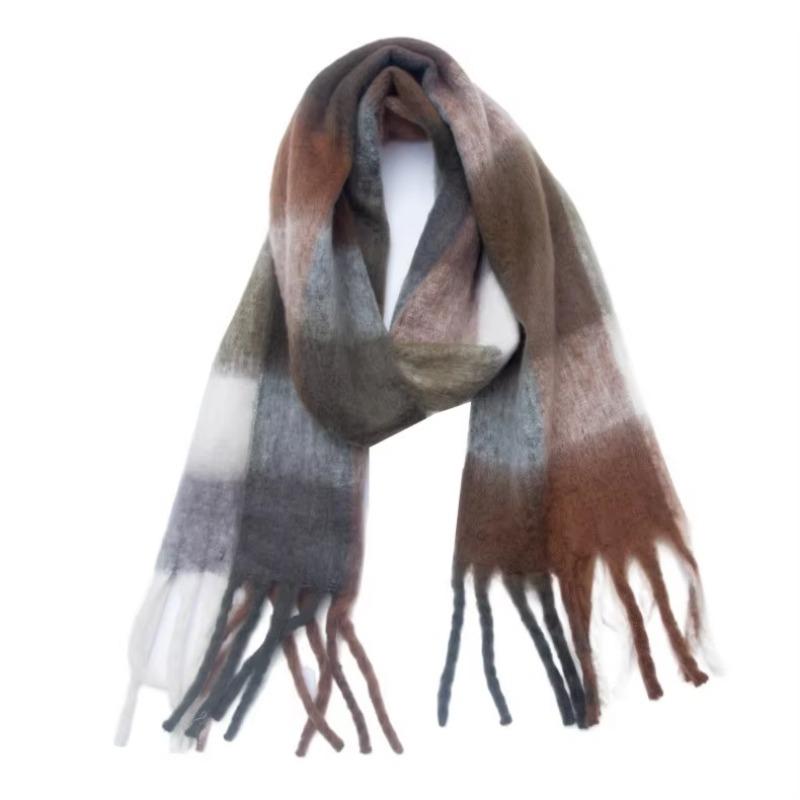 Winter Yarn Thicken Style Luxury Multicolour Plaid Faux Mohair Scarf Women Tassel Long Ring