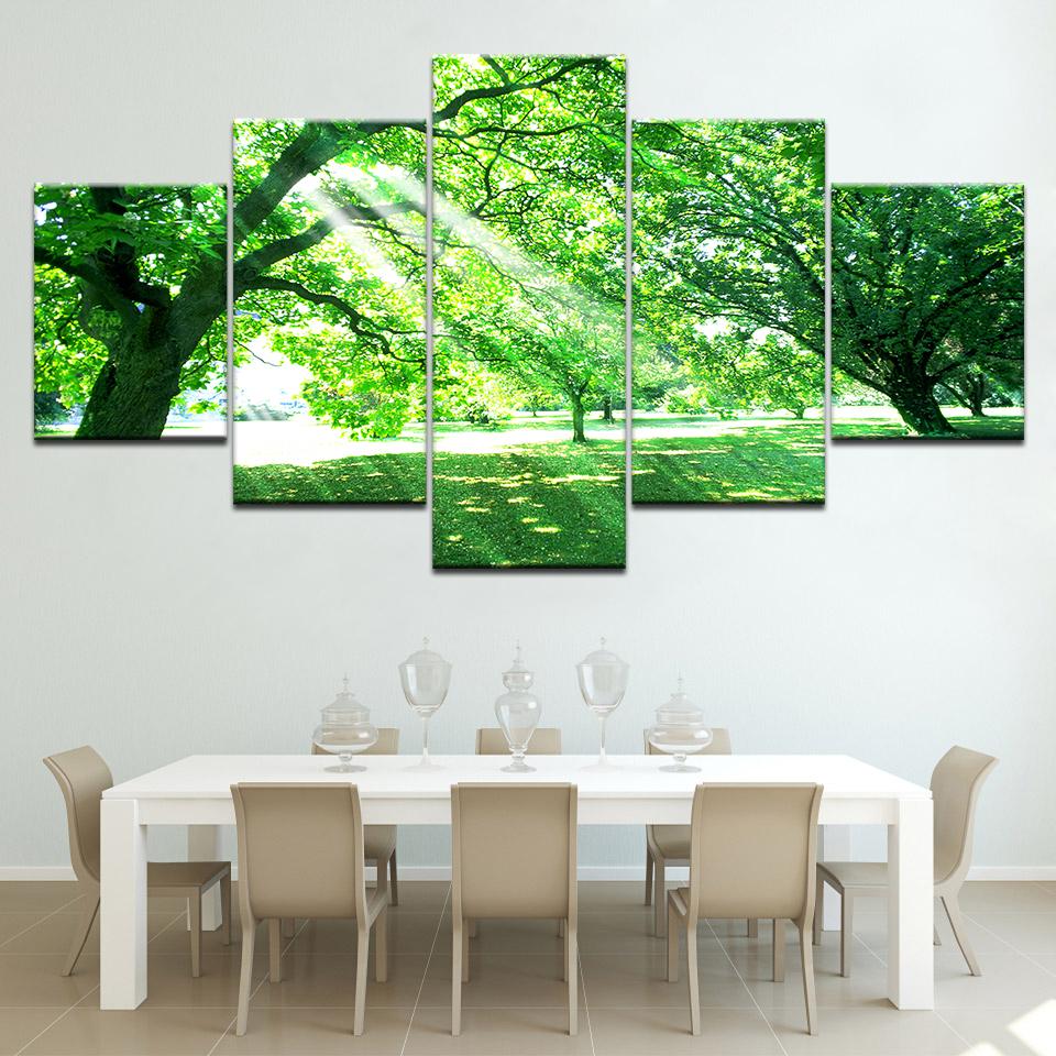Wall Art Canvas Painting 5 Panel Modular Frame Green Art Tree Sunrise Picture Print On Modern Pictures Home Decor Picture No Frame