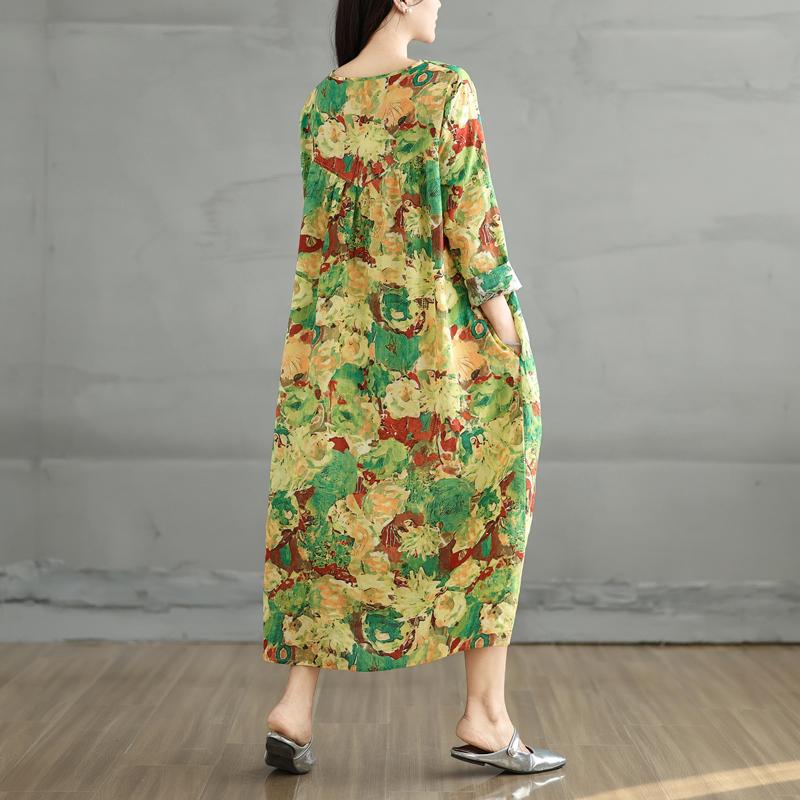 DIMANAF 2025 Damen Übergröße Frühling Sommer Kleid Lässig Blumenkleid Basic Vintage Locker Baumwolle Leinen Maxi Langarm