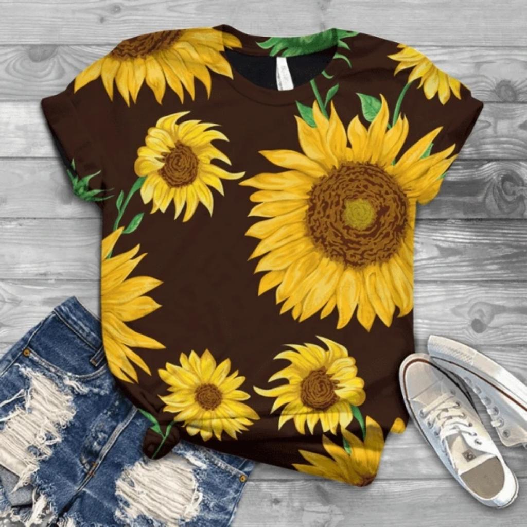 Dam T-shirt Solros 3d Tryck T-shirt Dam Mode Kortärmad Toppar Tees Damtoppar Blommig Camiseta Y2k Kläder Blomma