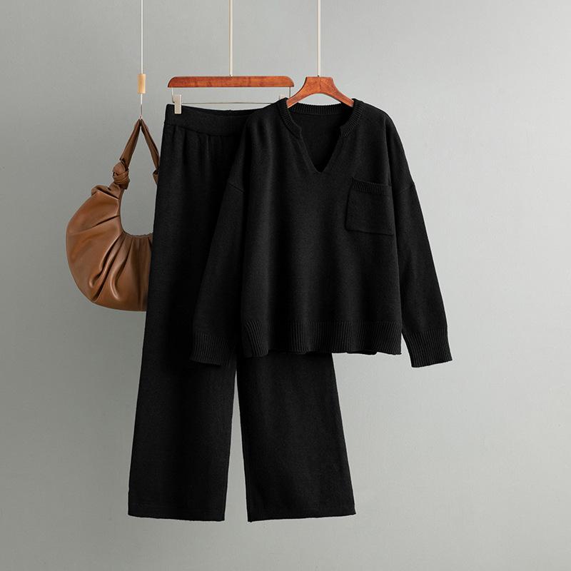 Fashion Set Women's Autumn Winter V-neck Loose Solid Color Split Head Knitted Sweater Two Piece Set