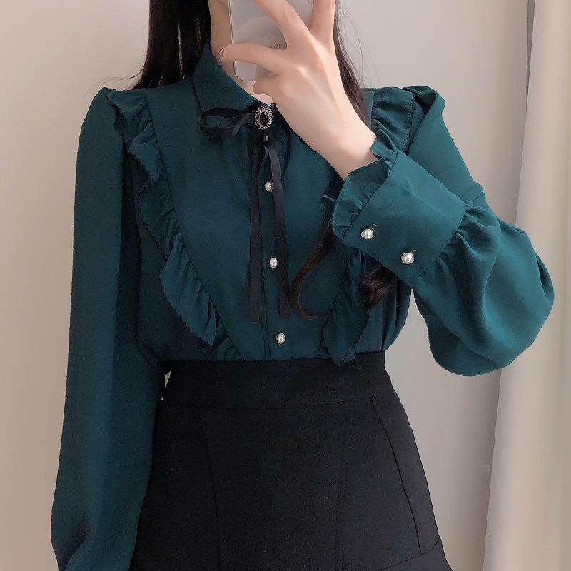 Women's Spring College Style Pearl Button Bow Ruffle Collar Blouse