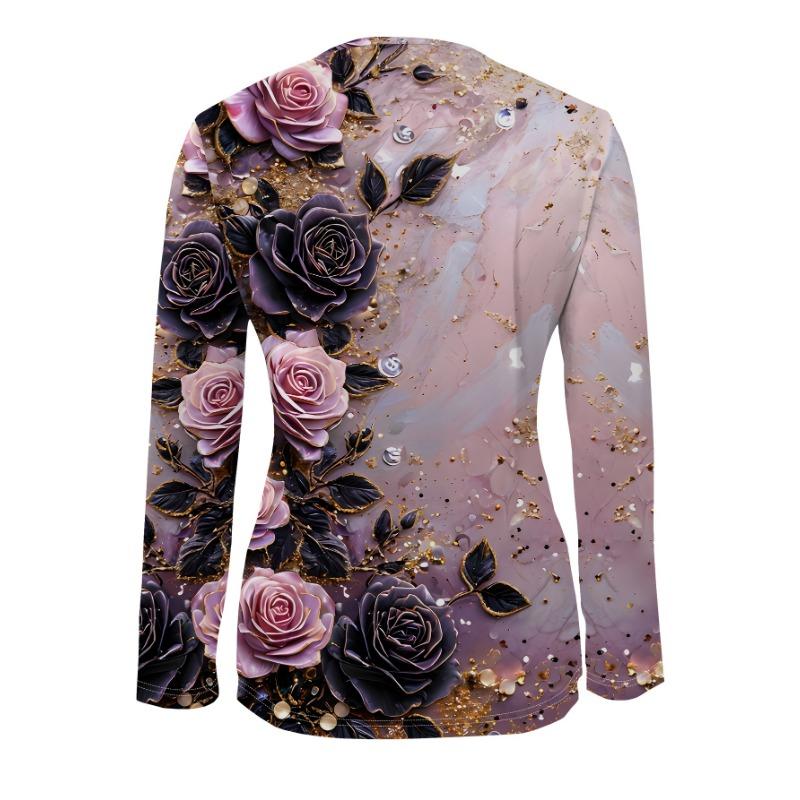 Half-zip V-neck Top Purple Pink Rose Print Light Luxury Long-sleeved Retro Temperament Versatile Shirt