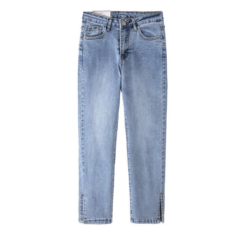 Women's Summer High Waist Light Blue Denim Jeans with Slit - Nine-Point Straight Leg Pants
