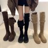 Thick-soled tall knight boots, new suede two-through knee boots, retro versatile imitation leather boots for women