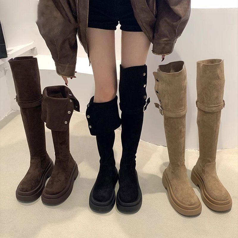 Thick-soled tall knight boots, new suede two-through knee boots, retro versatile imitation leather boots for women