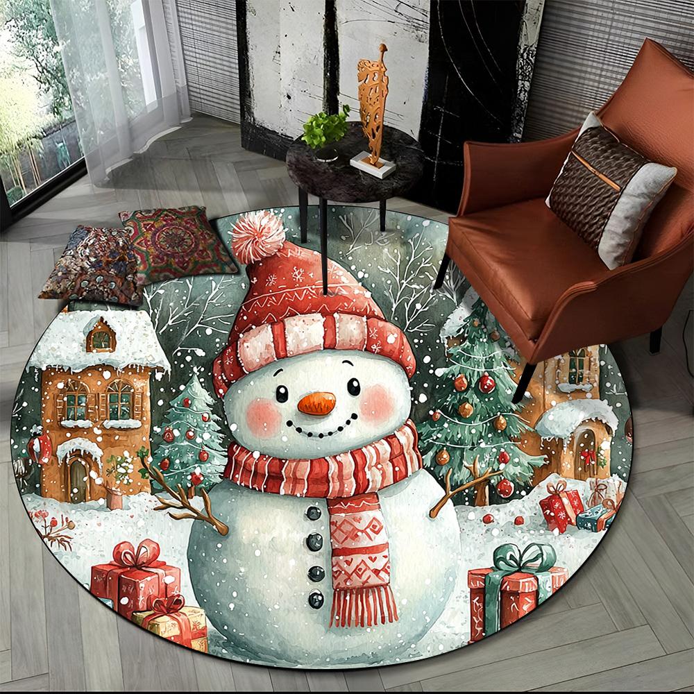 Cartoon Weihnachtsmann Frohe Weihnachten Schneemann Neujahr Runder Teppich für Schlafzimmer Wohnzimmer Sofadekoration, Dekor Bodenteppich