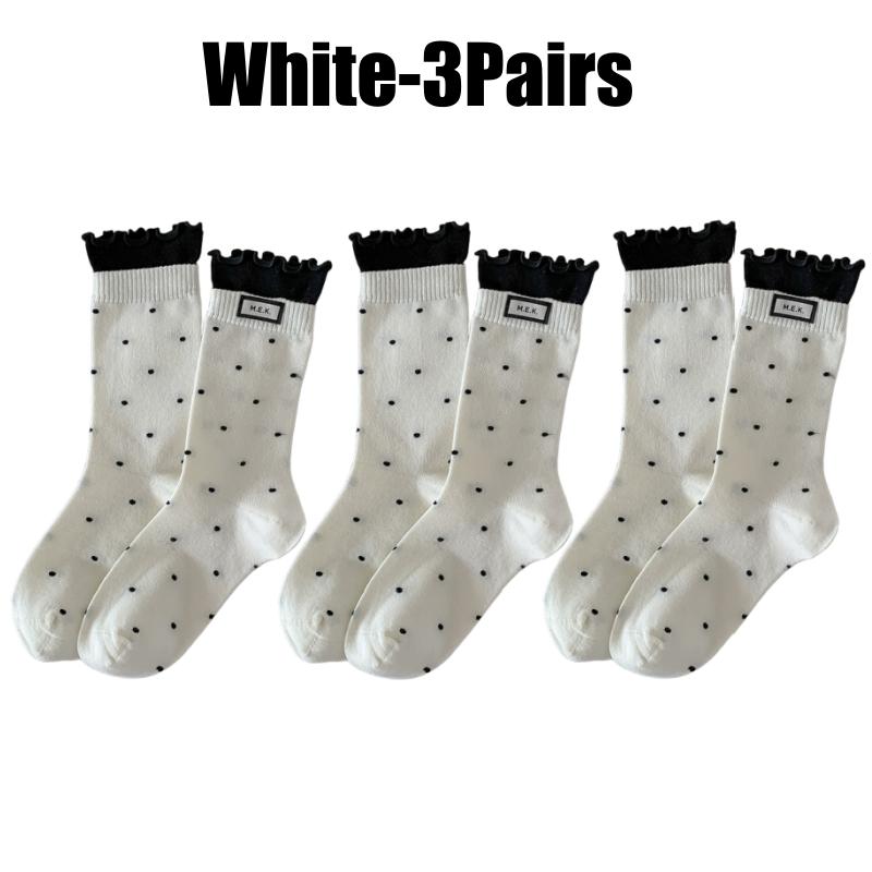 Womens Polka Dot Mid Crew Socks Ballet Style Delicate Lace Edging and Ruffle Trim Fashion Woven Label Simple Design Socks