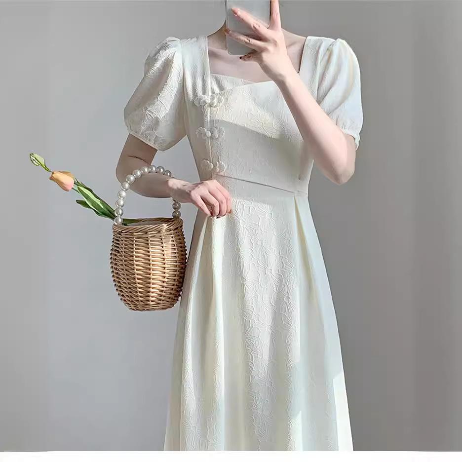 2026 new Chinese cheongsam summer new national style retro buckle square collar small fragrant temperament waist dress women S