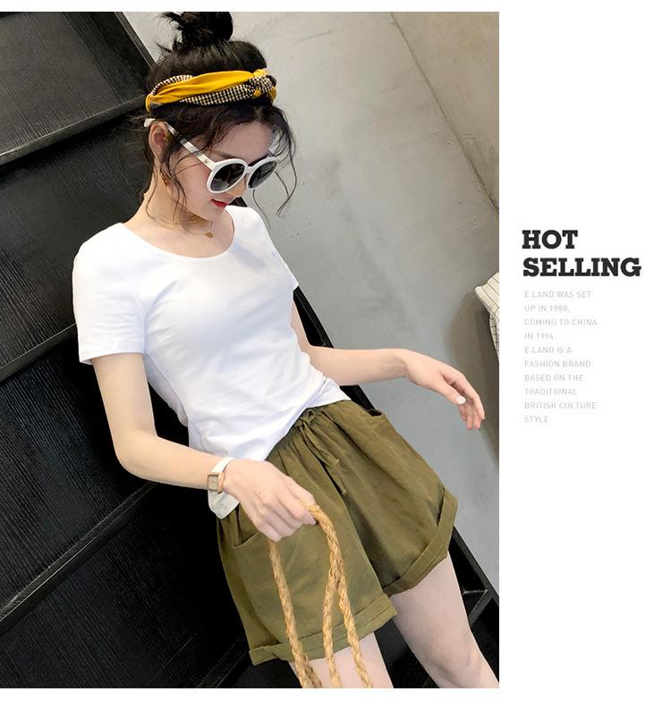 Women's White Short-Sleeve Crew Neck T-Shirt, 2024 Spring/Summer, Slim Fit, Pure Cotton, Basic Top