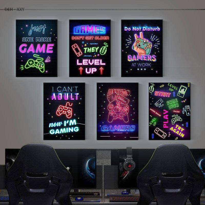 Neon Style Art Retro 80S Gaming Qoutes Posters on The Wall Gamer Gamepad Canvas Painting Boy Game Room Decoration