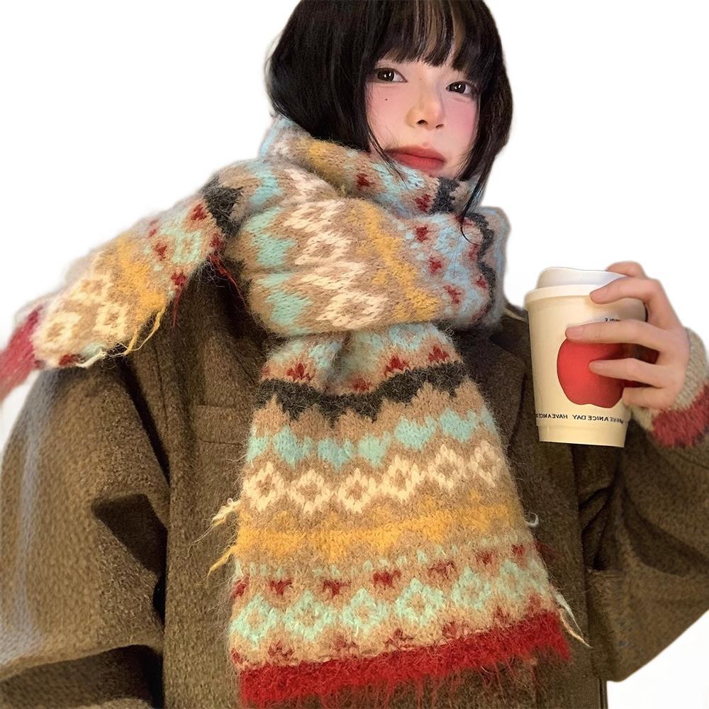 Fair Island Wind Knitted Scarf Women's Autumn and Winter Advanced Sense of Contrasting Colors Thickened Warm Korean Atmosphere Scarf Student
