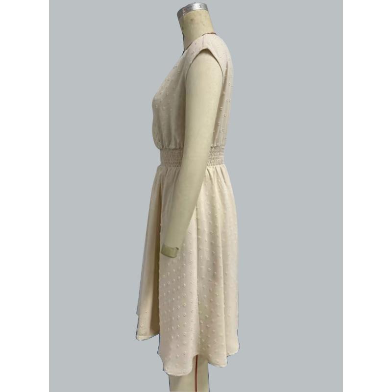 Summer V-neck Sleeveless Lace Fashion Dress Hollow Out Elegant Slim Fit Party A-line Dress Female Loose Casual Simple Solid Color Pleated Clothing