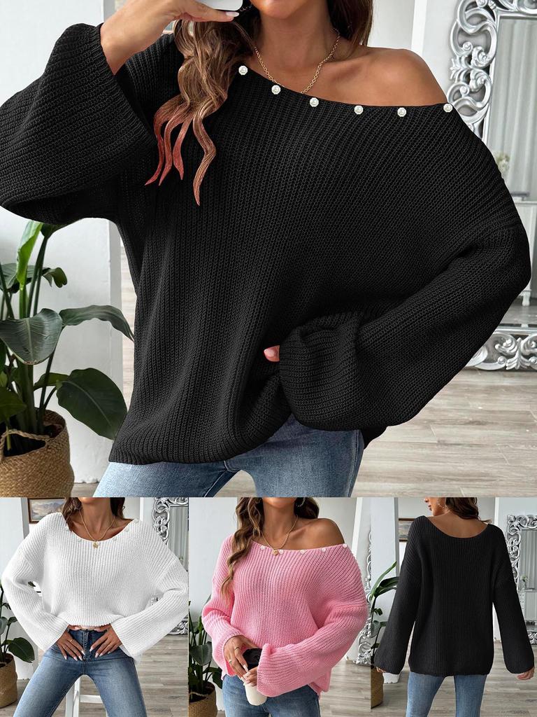 European & American Women's Loose One-Shoulder Bell Sleeve Beaded Sweater Top
