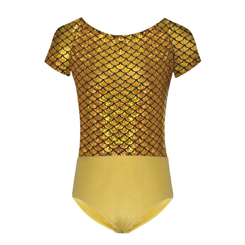 Girls Metallic Fish Scale Print Leotard Short Sleeve Bowknot Cutout Back Ballet Gymnastics Bodysuit