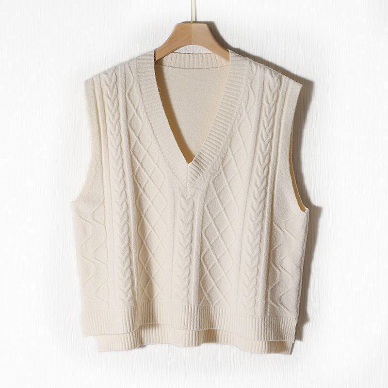 Women's Loose Fit Cable Knit V-Neck Sweater Vest - Autumn/Winter 2021, Thick OL Style, Korean Version.