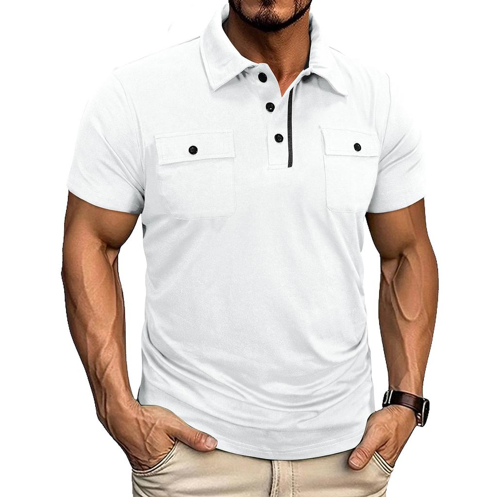 Men's Casual Short Sleeve Work Shirt Slim Fit Polo Style with Dual Chest Pockets Button and Zipper Closure Lightweight Fabric