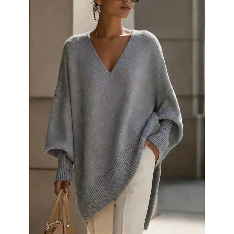 Damen S V-Ausschnitt Langarm Locker Einfarbig Strickpullover