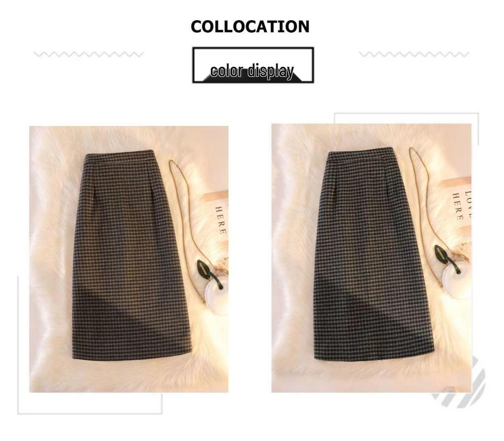 Plaid Woolen High-Waist Slit Pencil Skirt - Autumn/Winter 2025 Korean Style
