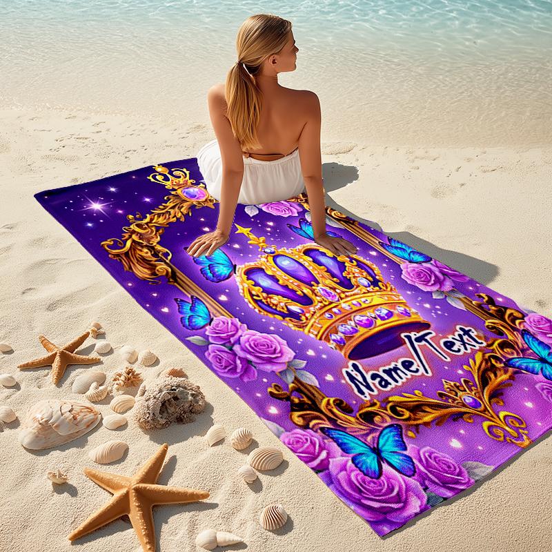 1PC Custom Name Royal Crown Butterflies Frame Beach Towel Highly Absorbent And Sand-Resistant Towel for Swimming, Pool, Yoga, And Travel Lightweight