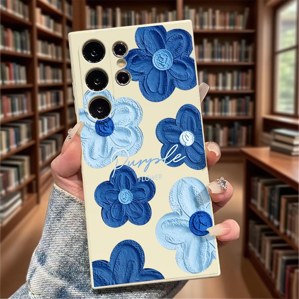 Blue Textured Flowers Slim Fit Phone Case Anti Scratch Drop Protection For Samsung Galaxy S26 S25 S24 Ultra FE A Series