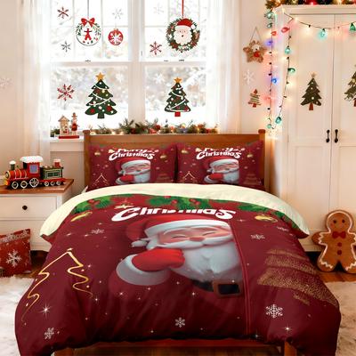 3-teiliges Merry Christmas Cartoon Weihnachtsmann Aufdruck Chipless Steppdecken-Set Mehrere Größen Schlafzimmer Wohnheim Bettwäsche Feiertagsdekoration