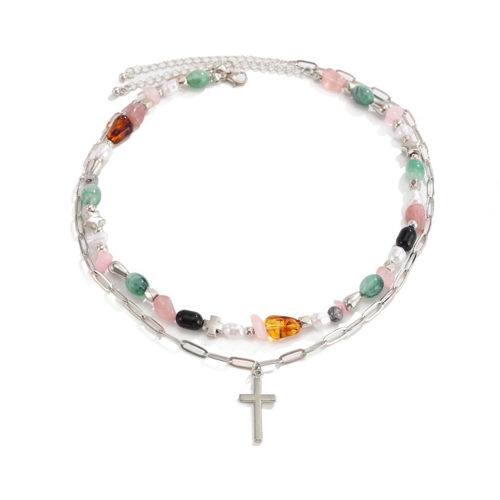 European and American Pearl Double-layer Cross Necklace, Retro Stars Stacked Wearing Niche Men's Collarbone Chain