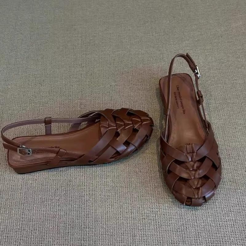 Sheepskin version~ Hollow and breathable pineapple head Roman shoes women's niche leather woven back strap flat-bottomed bag head sandals