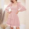 Women's Fashion Colour Square Neck Slim Fit Long Sleeve Cake Dress