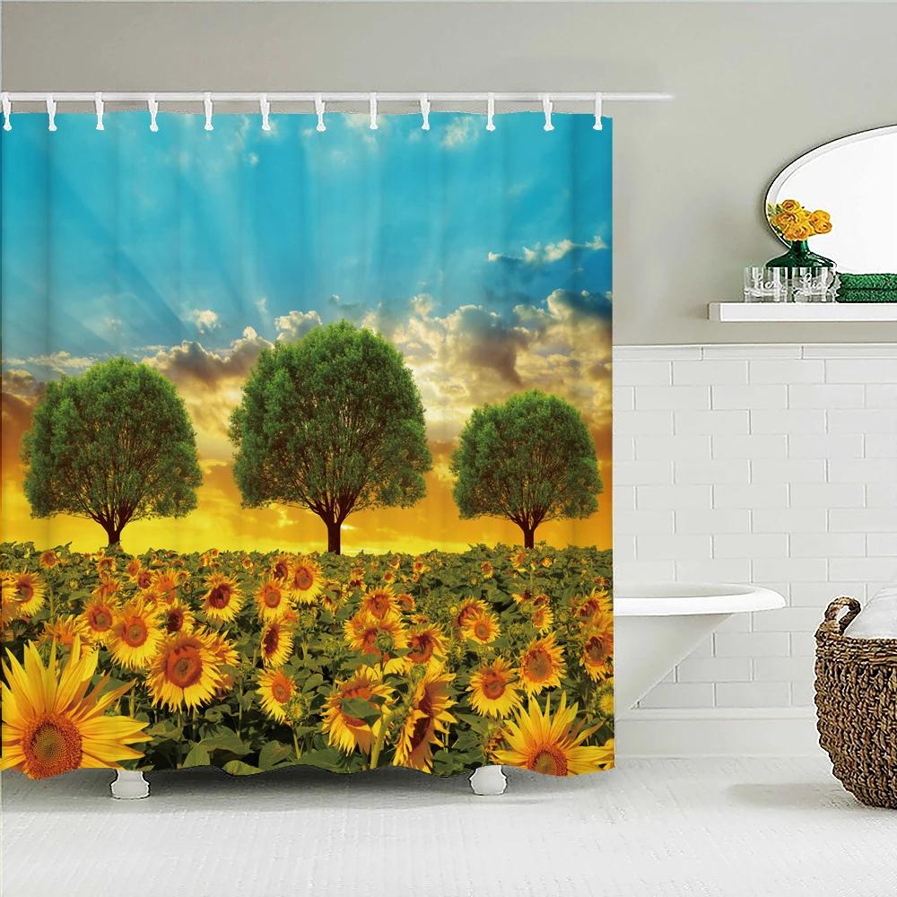 3d Sunflower Yellow Flowers Shark Shower Curtains Bathroom Waterproof Bath Curtain Polyester Cloth With Hooks Decor Bath Screen