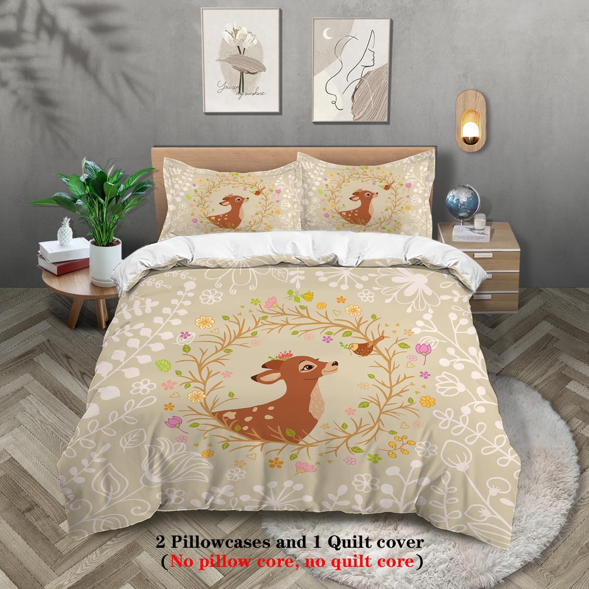 

3шт мультяшный милый комплект постельного белья с принтом оленя, 1*пододеяльник+2*наволочки, подходит для спальни девочек и женщин 135x200cm-EU-Single