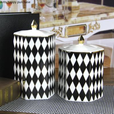 Ceramic Jar Storage Tank with Cover Geometry Black White Grid Storage Jar Candy Jar Food Storage Box Organize Container Box Vase