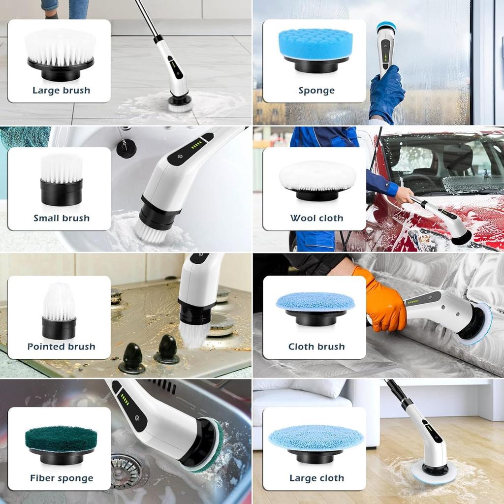 Cordless Cleaning Brush Scrubber for Home, 8 Replaceable Brush Heads, 3 Adjustable Size, 2 Speeds for Ba