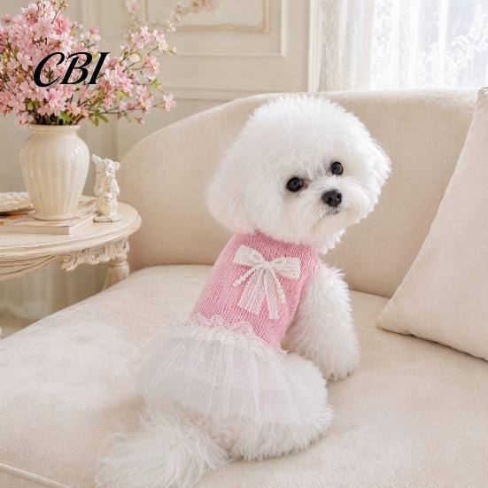 Lace Pet Dress Knitted Sleeveless Dog Dress, White Tutu Puppy Princess Cute Girl Small Clothes with Faux Pearl Bow, Summer Female for Dogs Party