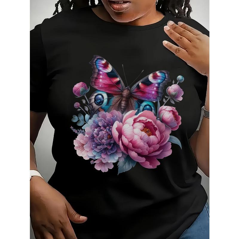 

European Size Butterfly Flower Women s Sporty Short-Sleeve T-Shirt - Vibrant Butterfly & Floral Print, Regular Fit, Machine Washable 4XL