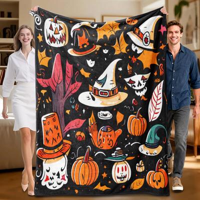 1 Halloween-themed Black Hat Patterned Throw Blanket, Suitable for Sofas, Beds, Offices, and Other Areas, Usable Year-round.