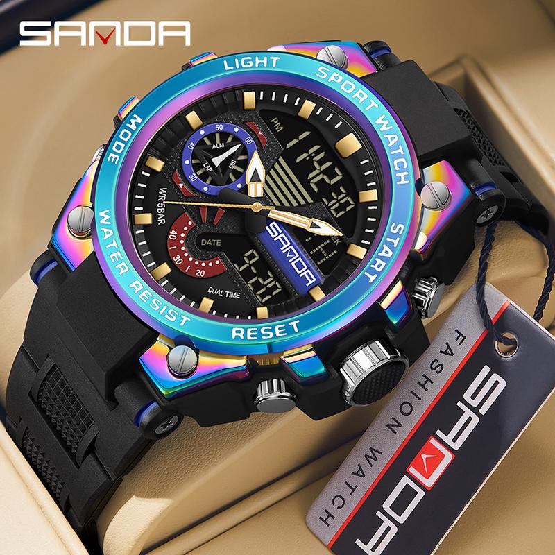 SANDA Luxury LED Dual Display Digital Quartz Watch for Men Shockproof Waterproof Sports Wristwatches Student Watch